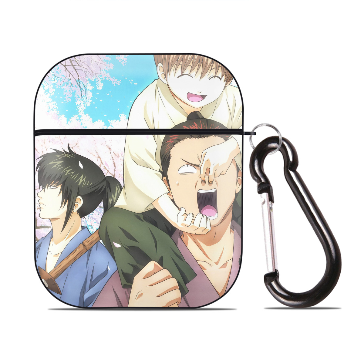 （画像用） ぎんたま 坂田銀時（さかたぎんとき） 神楽 志村新八（しむら しんぱち） GINTAMA Sakata Gintoki Kagura Shimura Shinpachi AirPods 第2世代保護ケース ハードシェル ブラック 耐衝撃・防指紋・カラビナ付き