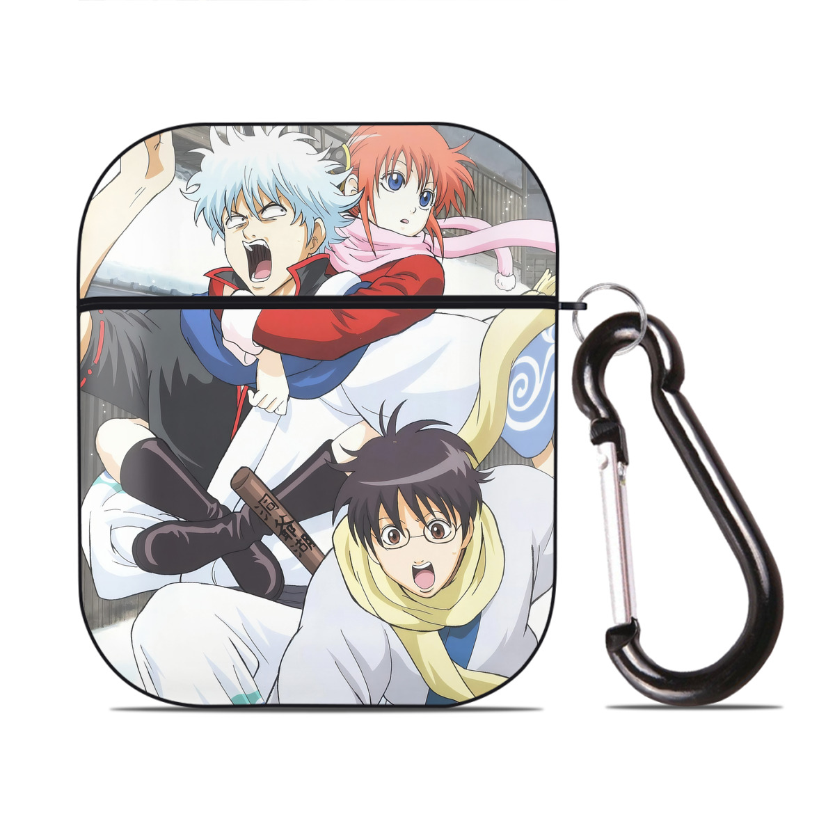 （画像用） ぎんたま 坂田銀時（さかたぎんとき） 神楽 志村新八（しむら しんぱち） GINTAMA Sakata Gintoki Kagura Shimura Shinpachi AirPods 第2世代保護ケース ハードシェル ブラック 耐衝撃・防指紋・カラビナ付き