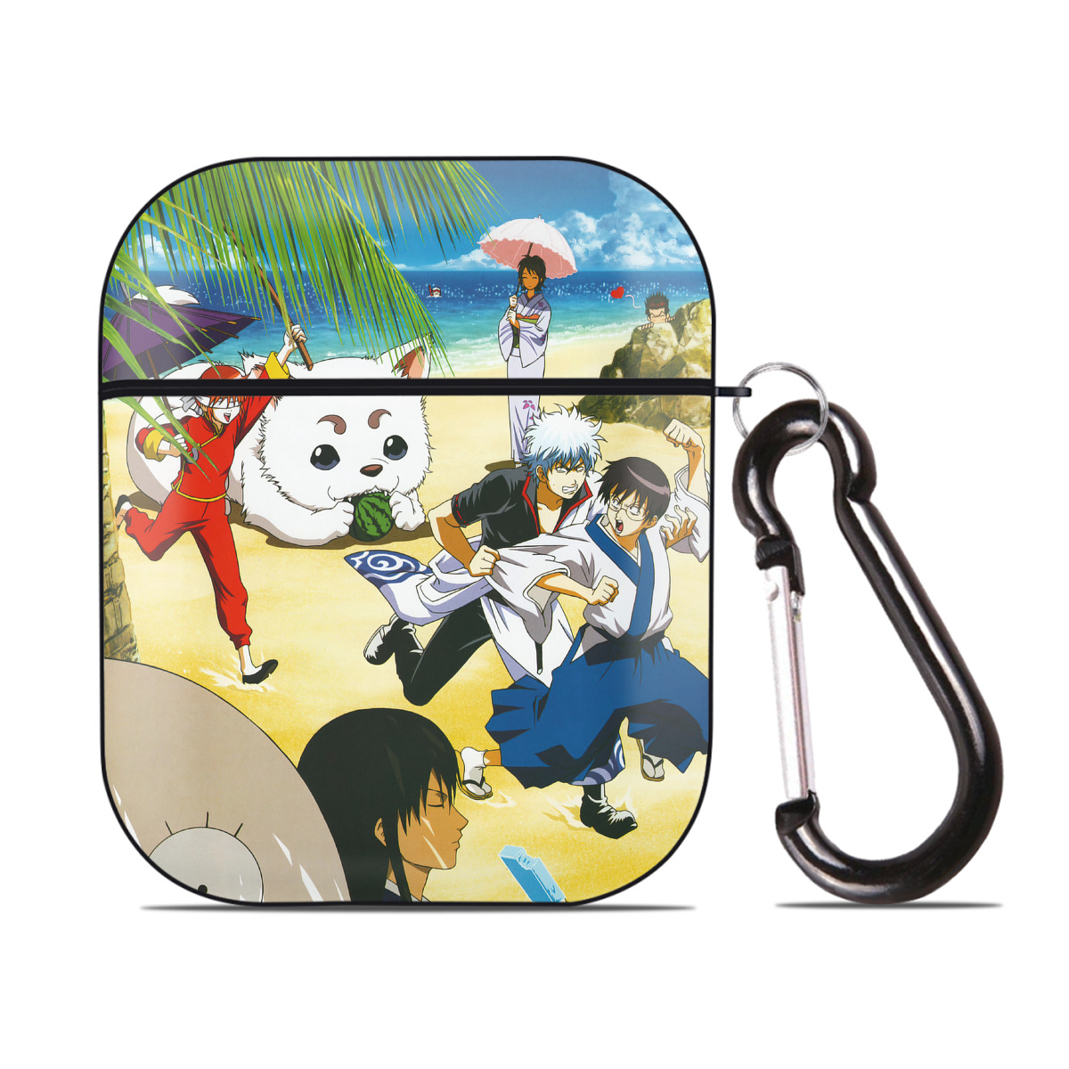 （画像用） ぎんたま 坂田銀時（さかたぎんとき） 神楽 志村新八（しむら しんぱち） GINTAMA Sakata Gintoki Kagura Shimura Shinpachi AirPods 第2世代保護ケース ハードシェル ブラック 耐衝撃・防指紋・カラビナ付き