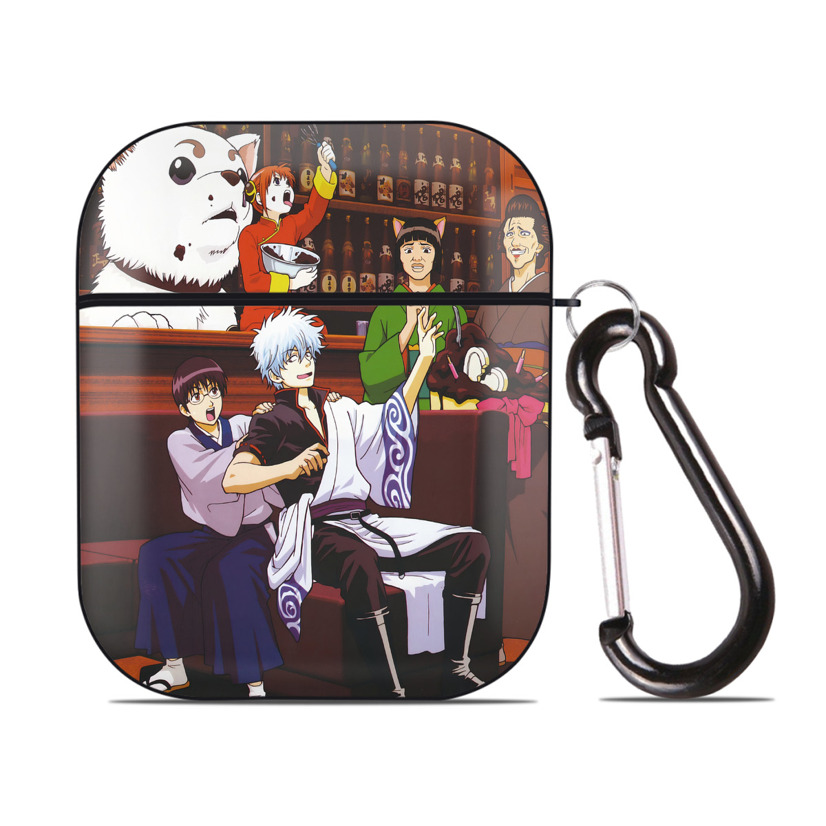 （画像用） ぎんたま 坂田銀時（さかたぎんとき） 神楽 志村新八（しむら しんぱち） GINTAMA Sakata Gintoki Kagura Shimura Shinpachi AirPods 第2世代保護ケース ハードシェル ブラック 耐衝撃・防指紋・カラビナ付き
