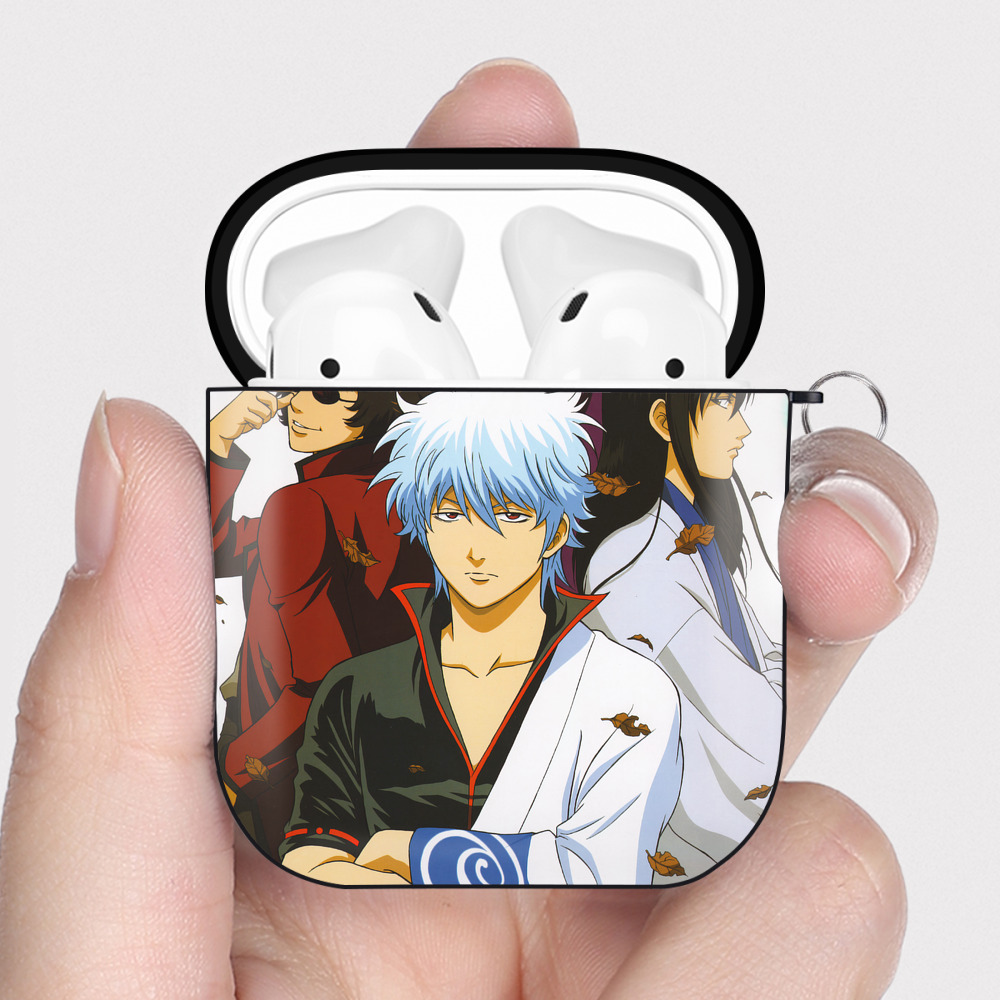 （画像用） ぎんたま 坂田銀時（さかたぎんとき） 神楽 志村新八（しむら しんぱち） GINTAMA Sakata Gintoki Kagura Shimura Shinpachi AirPods 第2世代保護ケース ハードシェル ブラック 耐衝撃・防指紋・カラビナ付き