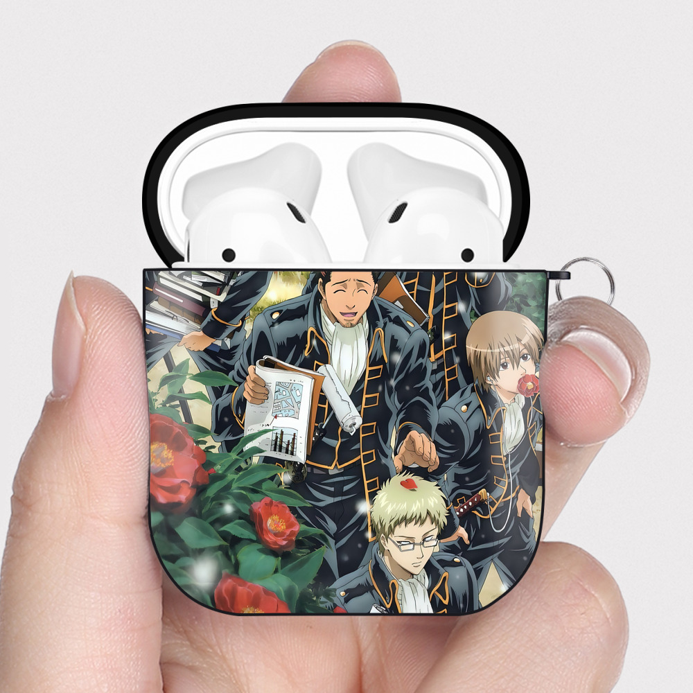 （画像用） ぎんたま 坂田銀時（さかたぎんとき） 神楽 志村新八（しむら しんぱち） GINTAMA Sakata Gintoki Kagura Shimura Shinpachi AirPods 第2世代保護ケース ハードシェル ブラック 耐衝撃・防指紋・カラビナ付き