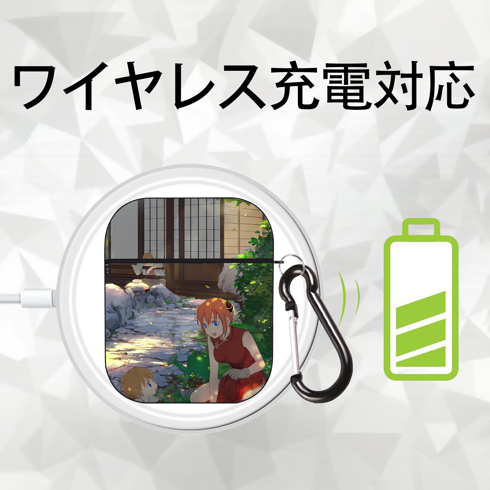 ぎんたま 坂田銀時（さかたぎんとき） 神楽 志村新八（しむら しんぱち） GINTAMA Sakata Gintoki Kagura Shimura Shinpachi AirPods 第2世代保護ケース ハードシェル ブラック 耐衝撃・防指紋・カラビナ付き