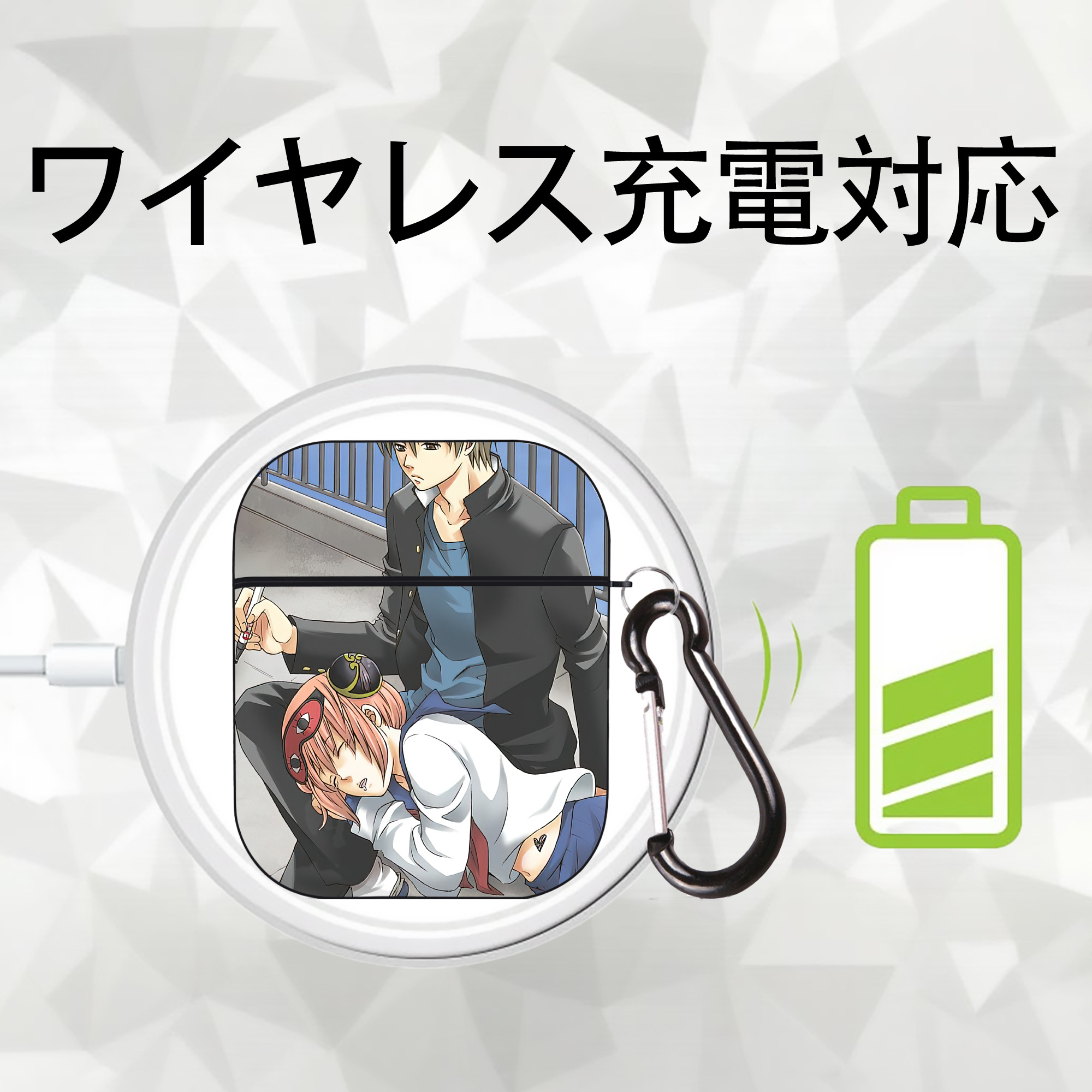 ぎんたま 坂田銀時（さかたぎんとき） 神楽 志村新八（しむら しんぱち） GINTAMA Sakata Gintoki Kagura Shimura Shinpachi AirPods 第2世代保護ケース ハードシェル ブラック 耐衝撃・防指紋・カラビナ付き