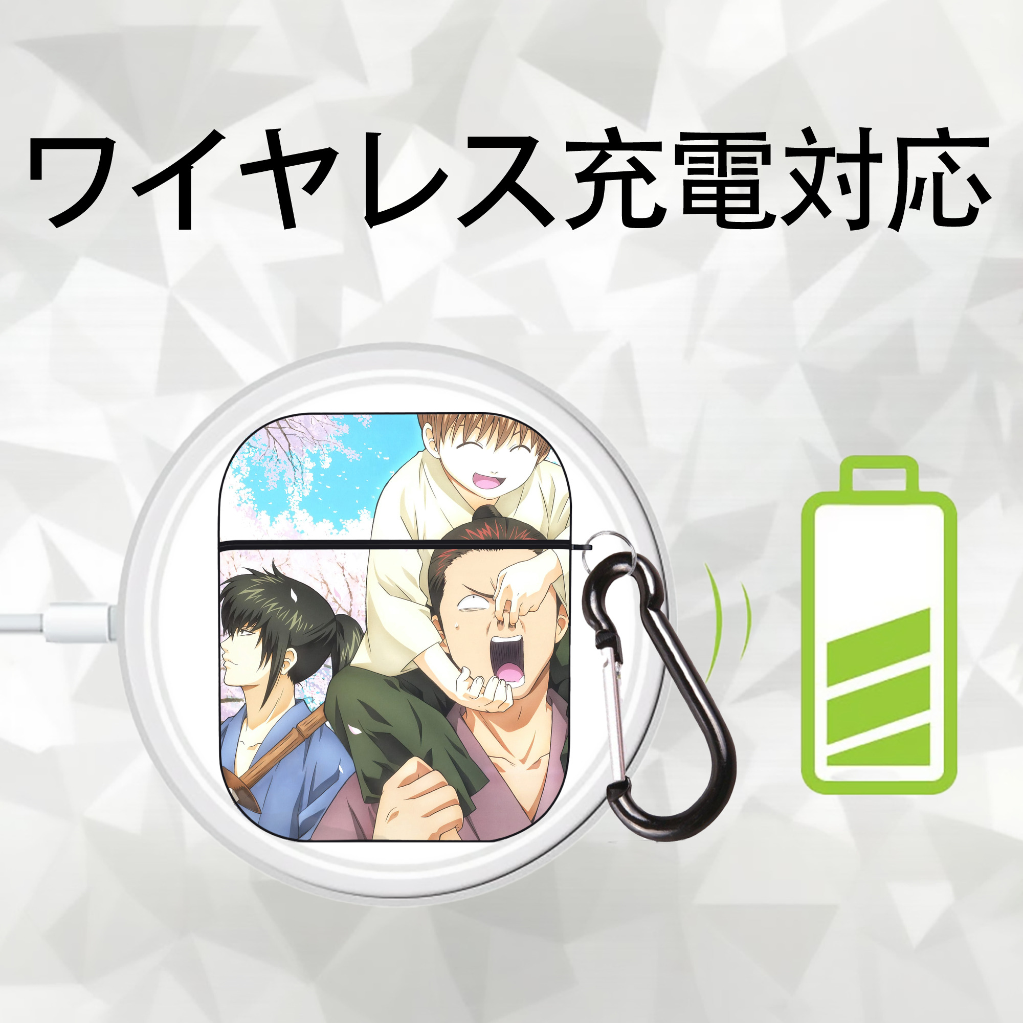 ぎんたま 坂田銀時（さかたぎんとき） 神楽 志村新八（しむら しんぱち） GINTAMA Sakata Gintoki Kagura Shimura Shinpachi AirPods 第2世代保護ケース ハードシェル ブラック 耐衝撃・防指紋・カラビナ付き