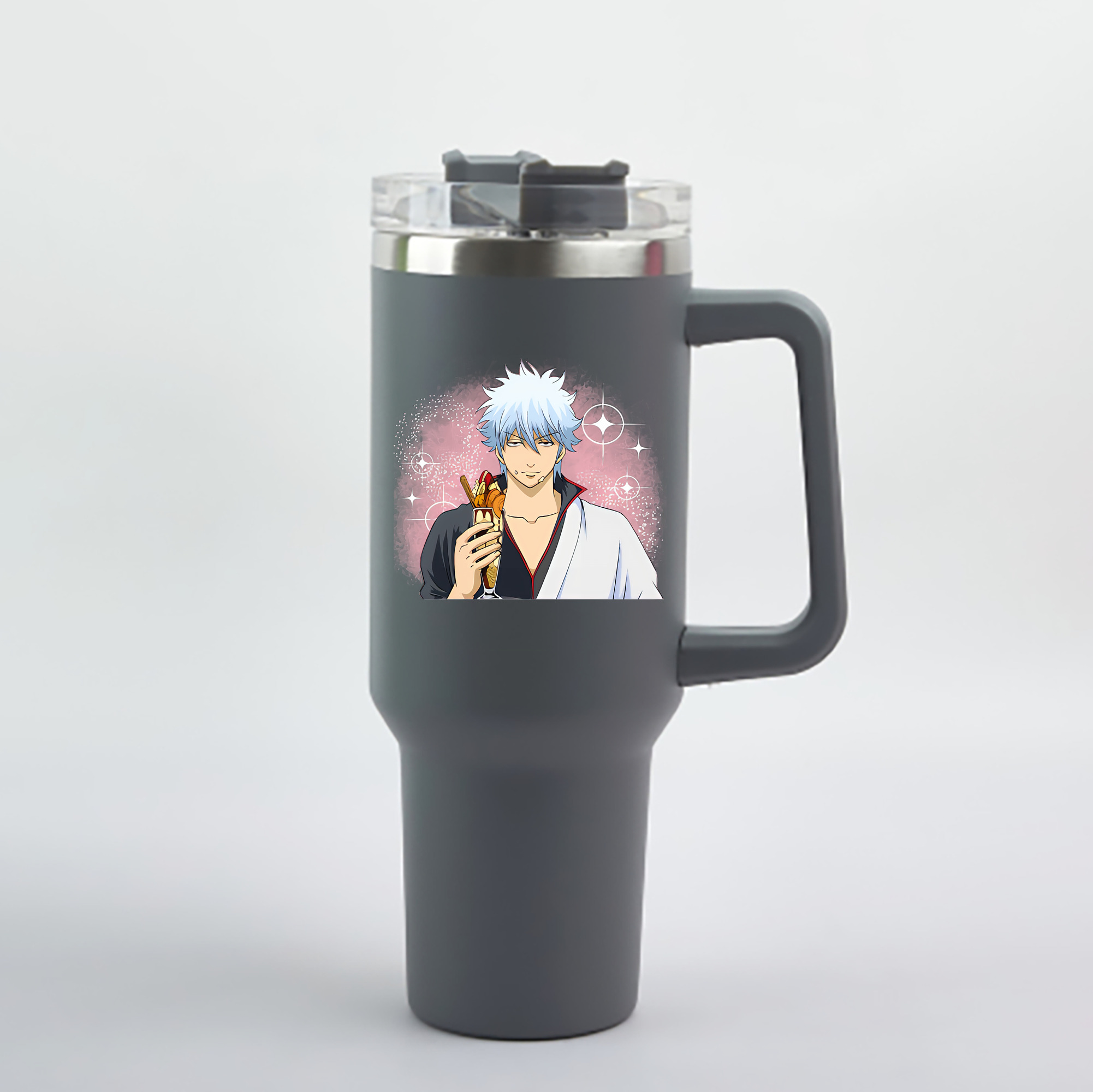 （画像用） ぎんたま 坂田銀時（さかたぎんとき） 神楽 志村新八（しむら しんぱち） GINTAMA Sakata Gintoki Kagura Shimura Shinpachi 1200mL車用タンブラー - クリスタルステッカー（プラスチックストロー付き）