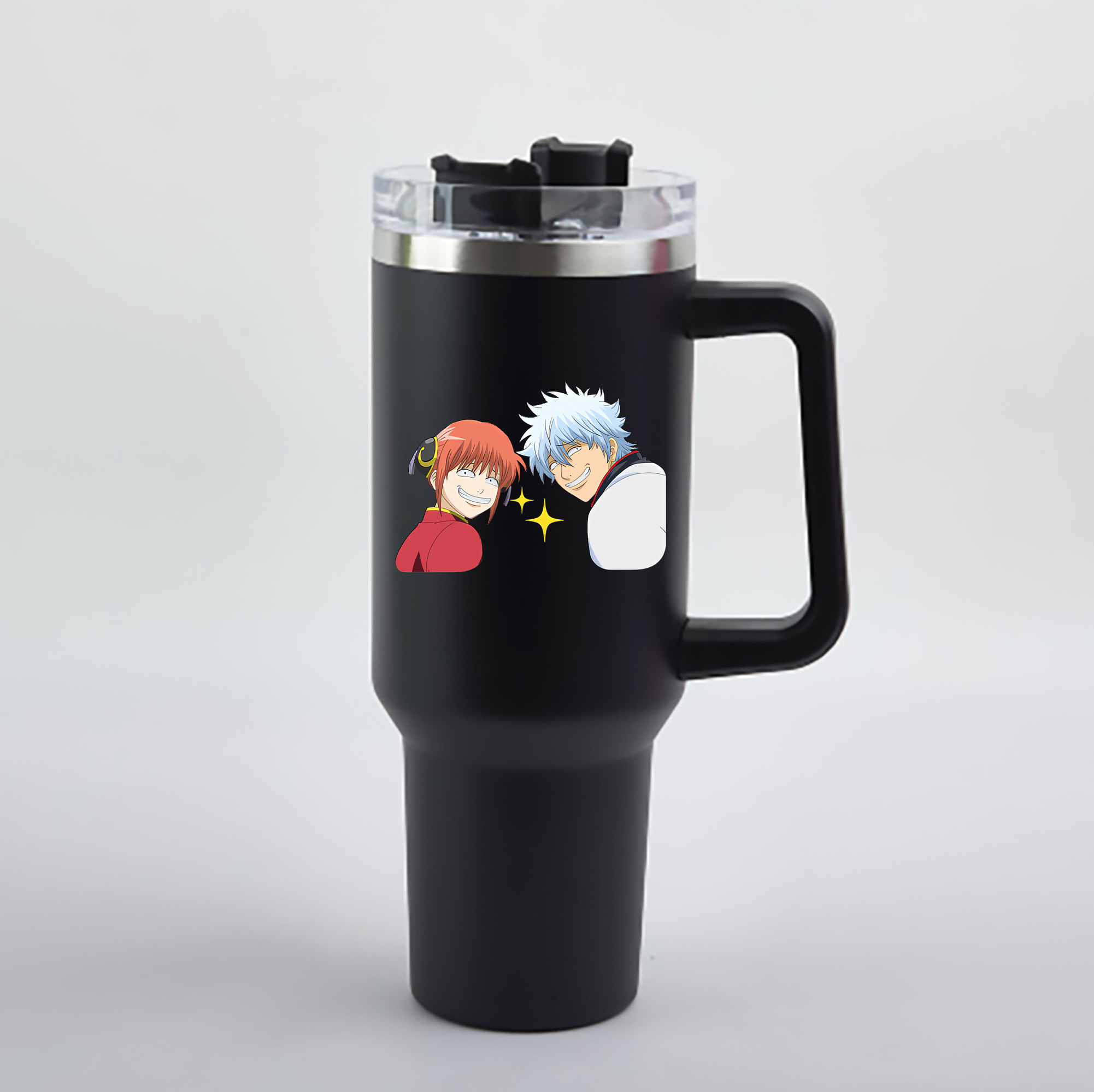 （画像用） ぎんたま 坂田銀時（さかたぎんとき） 神楽 志村新八（しむら しんぱち） GINTAMA Sakata Gintoki Kagura Shimura Shinpachi 1200mL車用タンブラー - クリスタルステッカー（プラスチックストロー付き）