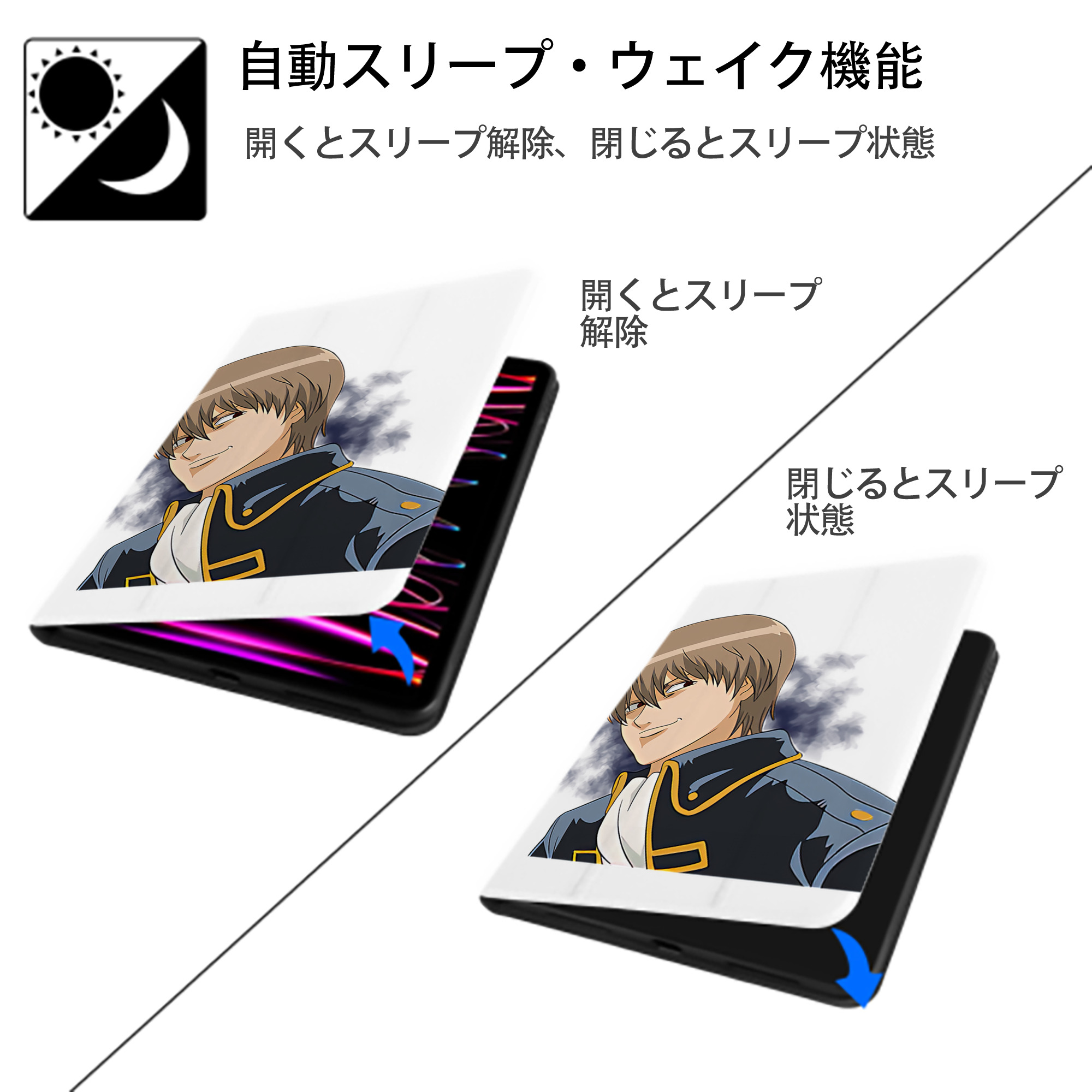 ぎんたま 坂田銀時（さかたぎんとき） 神楽 志村新八（しむら しんぱち） GINTAMA Sakata Gintoki Kagura Shimura Shinpachi IPad ケース ペン収納付き 三つ折りスタンド PUレザー×シリコン 対応機種9.5/10.5/10.9インチ