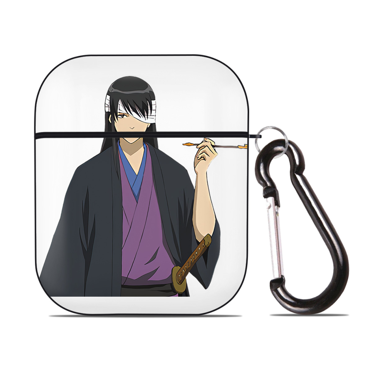 （画像用） ぎんたま 坂田銀時（さかたぎんとき） 神楽 志村新八（しむら しんぱち） GINTAMA Sakata Gintoki Kagura Shimura Shinpachi AirPods 第2世代保護ケース ハードシェル ブラック 耐衝撃・防指紋・カラビナ付き