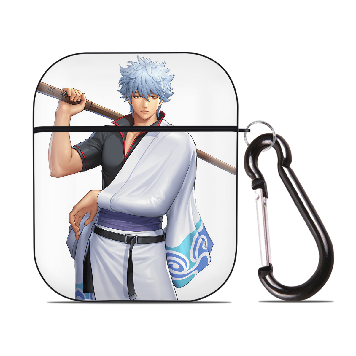 （画像用） ぎんたま 坂田銀時（さかたぎんとき） 神楽 志村新八（しむら しんぱち） GINTAMA Sakata Gintoki Kagura Shimura Shinpachi AirPods 第2世代保護ケース ハードシェル ブラック 耐衝撃・防指紋・カラビナ付き