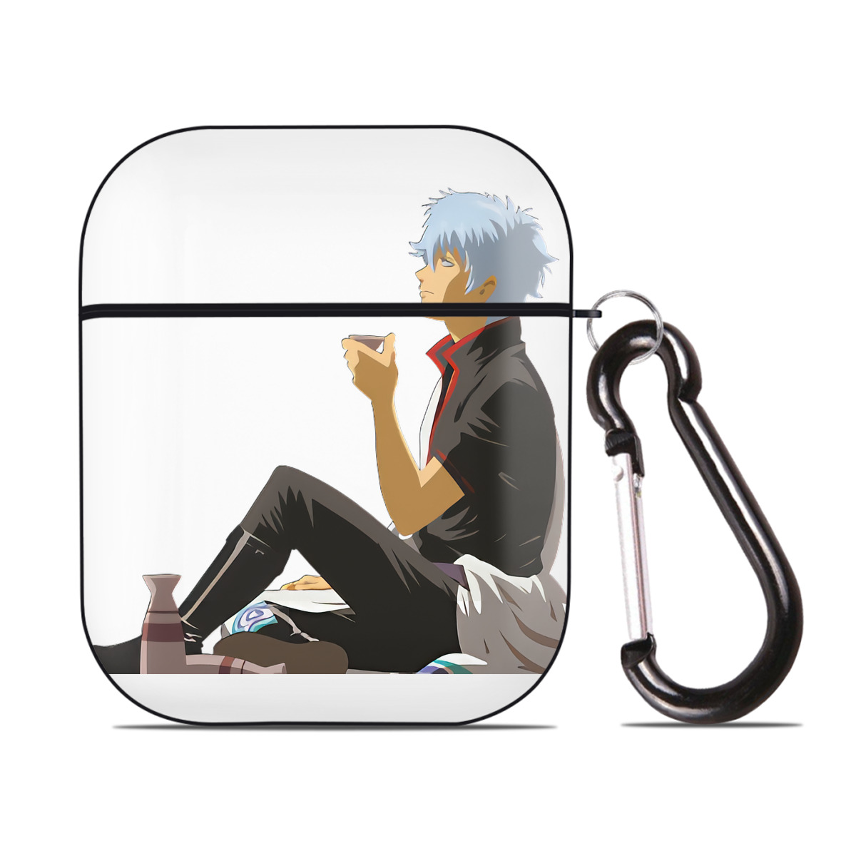 （画像用） ぎんたま 坂田銀時（さかたぎんとき） 神楽 志村新八（しむら しんぱち） GINTAMA Sakata Gintoki Kagura Shimura Shinpachi AirPods 第2世代保護ケース ハードシェル ブラック 耐衝撃・防指紋・カラビナ付き