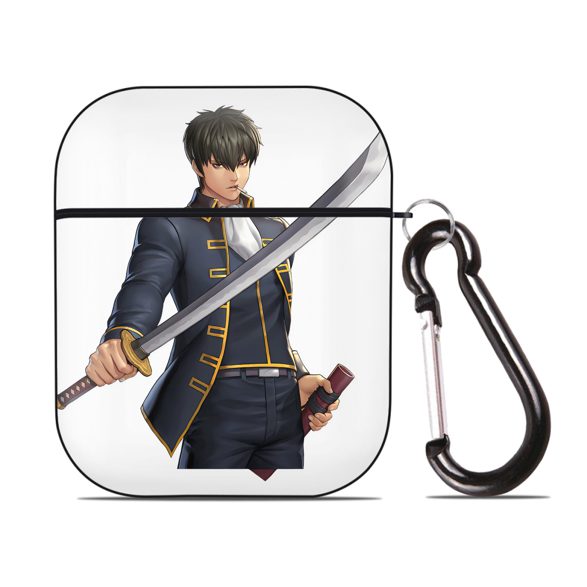 （画像用） ぎんたま 坂田銀時（さかたぎんとき） 神楽 志村新八（しむら しんぱち） GINTAMA Sakata Gintoki Kagura Shimura Shinpachi AirPods 第2世代保護ケース ハードシェル ブラック 耐衝撃・防指紋・カラビナ付き