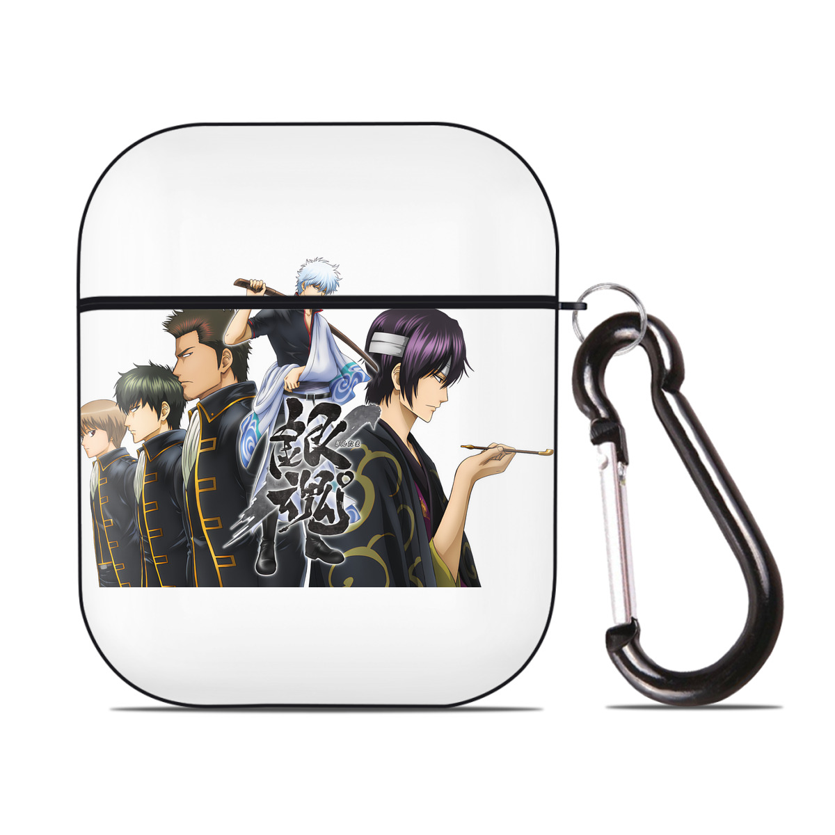 （画像用） ぎんたま 坂田銀時（さかたぎんとき） 神楽 志村新八（しむら しんぱち） GINTAMA Sakata Gintoki Kagura Shimura Shinpachi AirPods 第2世代保護ケース ハードシェル ブラック 耐衝撃・防指紋・カラビナ付き
