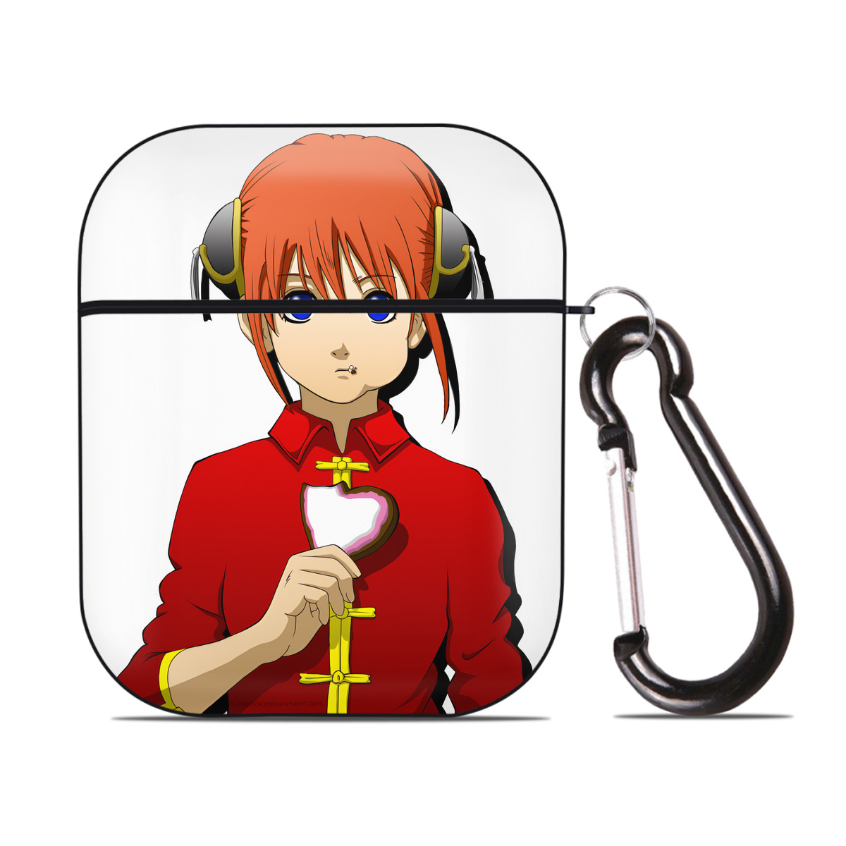 （画像用） ぎんたま 坂田銀時（さかたぎんとき） 神楽 志村新八（しむら しんぱち） GINTAMA Sakata Gintoki Kagura Shimura Shinpachi AirPods 第2世代保護ケース ハードシェル ブラック 耐衝撃・防指紋・カラビナ付き