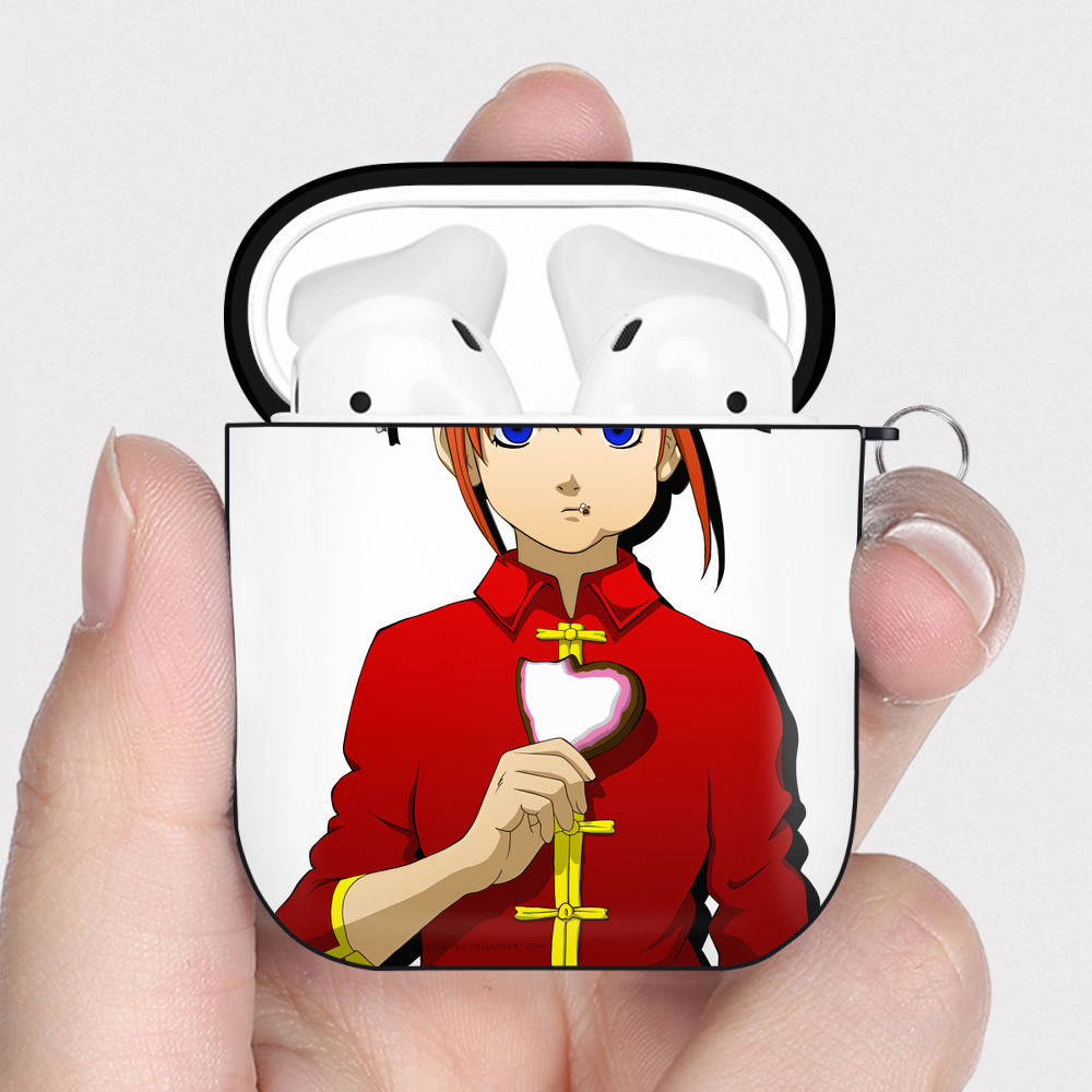（画像用） ぎんたま 坂田銀時（さかたぎんとき） 神楽 志村新八（しむら しんぱち） GINTAMA Sakata Gintoki Kagura Shimura Shinpachi AirPods 第2世代保護ケース ハードシェル ブラック 耐衝撃・防指紋・カラビナ付き