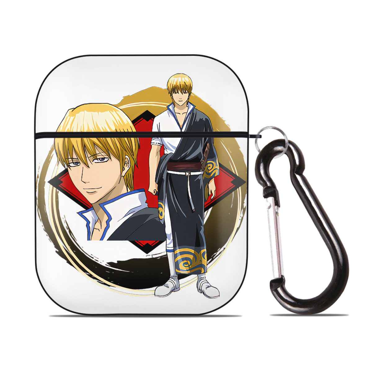 （画像用） ぎんたま 坂田銀時（さかたぎんとき） 神楽 志村新八（しむら しんぱち） GINTAMA Sakata Gintoki Kagura Shimura Shinpachi AirPods 第2世代保護ケース ハードシェル ブラック 耐衝撃・防指紋・カラビナ付き