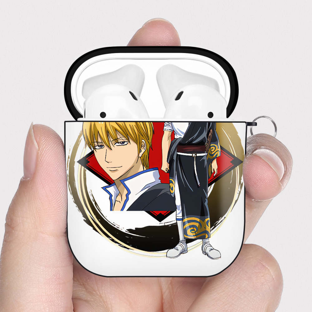 （画像用） ぎんたま 坂田銀時（さかたぎんとき） 神楽 志村新八（しむら しんぱち） GINTAMA Sakata Gintoki Kagura Shimura Shinpachi AirPods 第2世代保護ケース ハードシェル ブラック 耐衝撃・防指紋・カラビナ付き
