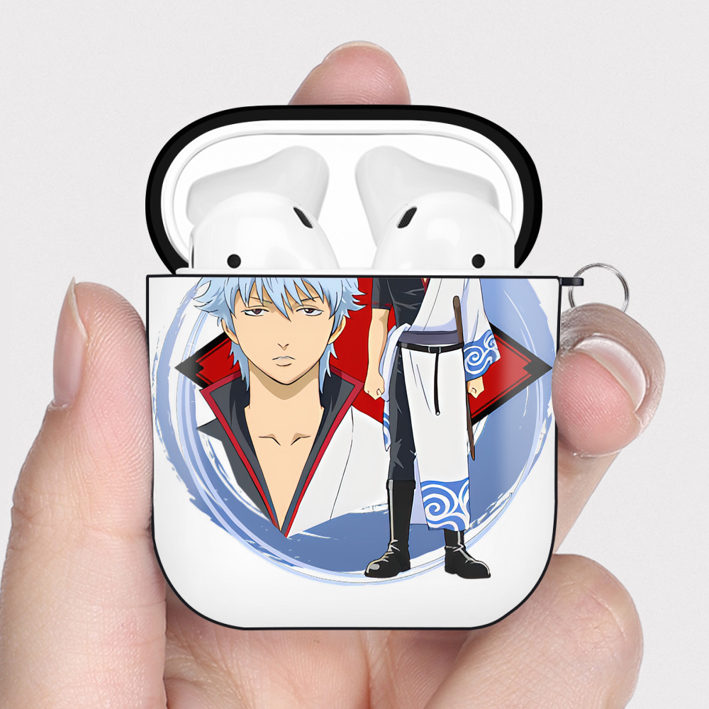 （画像用） ぎんたま 坂田銀時（さかたぎんとき） 神楽 志村新八（しむら しんぱち） GINTAMA Sakata Gintoki Kagura Shimura Shinpachi AirPods 第2世代保護ケース ハードシェル ブラック 耐衝撃・防指紋・カラビナ付き