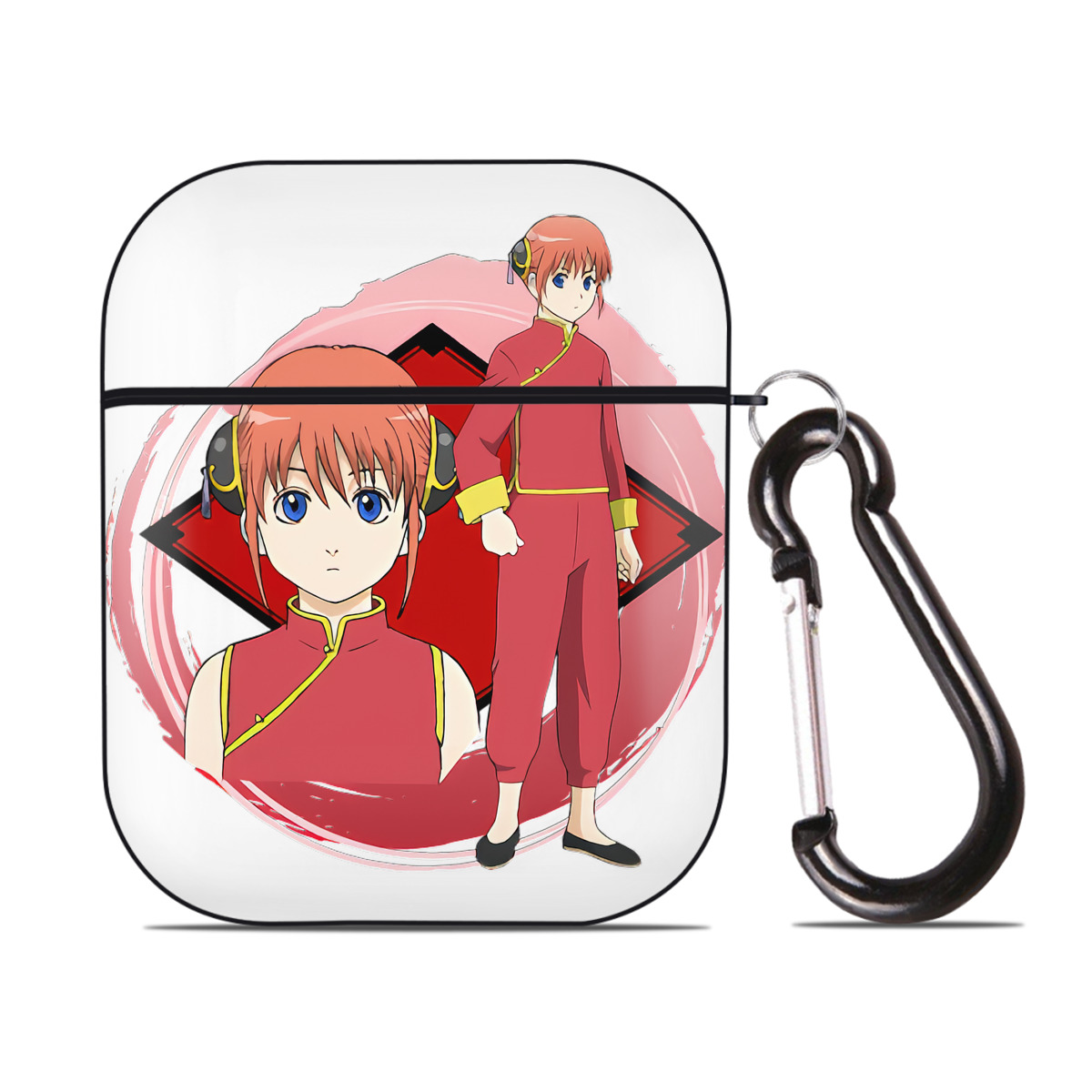 （画像用） ぎんたま 坂田銀時（さかたぎんとき） 神楽 志村新八（しむら しんぱち） GINTAMA Sakata Gintoki Kagura Shimura Shinpachi AirPods 第2世代保護ケース ハードシェル ブラック 耐衝撃・防指紋・カラビナ付き