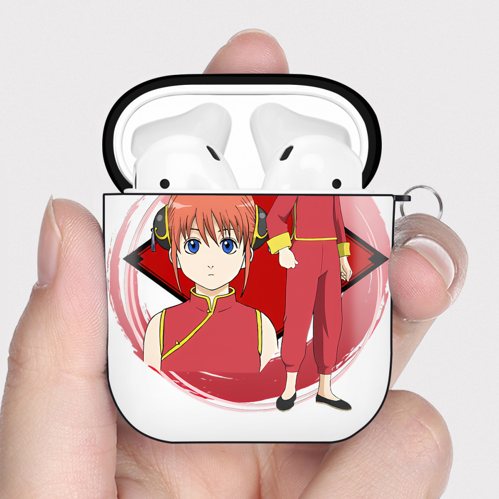（画像用） ぎんたま 坂田銀時（さかたぎんとき） 神楽 志村新八（しむら しんぱち） GINTAMA Sakata Gintoki Kagura Shimura Shinpachi AirPods 第2世代保護ケース ハードシェル ブラック 耐衝撃・防指紋・カラビナ付き