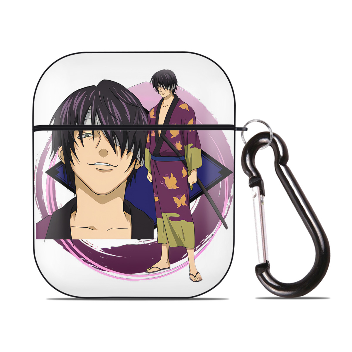（画像用） ぎんたま 坂田銀時（さかたぎんとき） 神楽 志村新八（しむら しんぱち） GINTAMA Sakata Gintoki Kagura Shimura Shinpachi AirPods 第2世代保護ケース ハードシェル ブラック 耐衝撃・防指紋・カラビナ付き