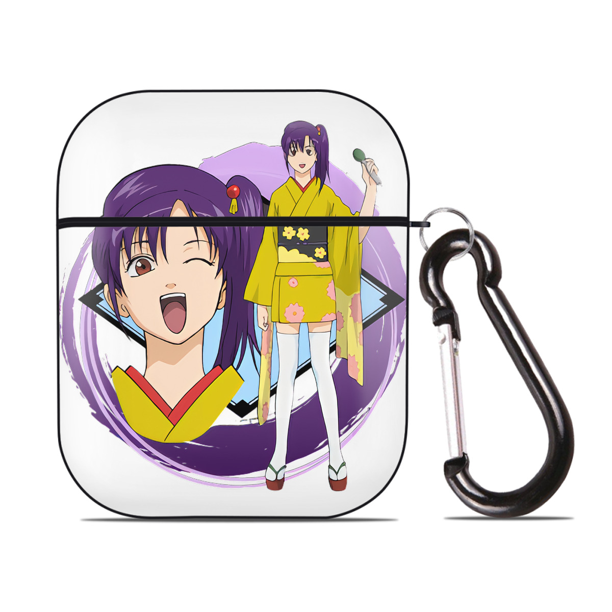 （画像用） ぎんたま 坂田銀時（さかたぎんとき） 神楽 志村新八（しむら しんぱち） GINTAMA Sakata Gintoki Kagura Shimura Shinpachi AirPods 第2世代保護ケース ハードシェル ブラック 耐衝撃・防指紋・カラビナ付き