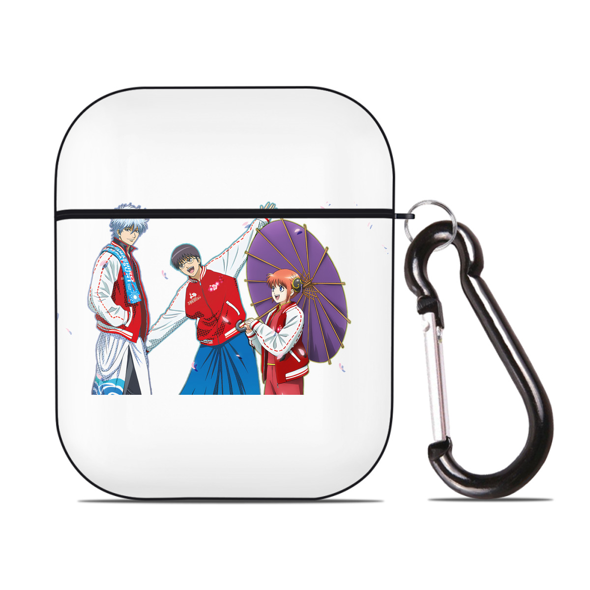 （画像用） ぎんたま 坂田銀時（さかたぎんとき） 神楽 志村新八（しむら しんぱち） GINTAMA Sakata Gintoki Kagura Shimura Shinpachi AirPods 第2世代保護ケース ハードシェル ブラック 耐衝撃・防指紋・カラビナ付き