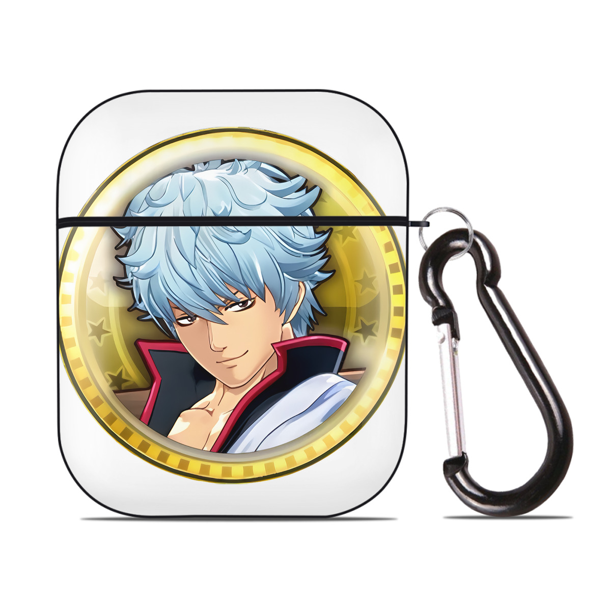 （画像用） ぎんたま 坂田銀時（さかたぎんとき） 神楽 志村新八（しむら しんぱち） GINTAMA Sakata Gintoki Kagura Shimura Shinpachi AirPods 第2世代保護ケース ハードシェル ブラック 耐衝撃・防指紋・カラビナ付き