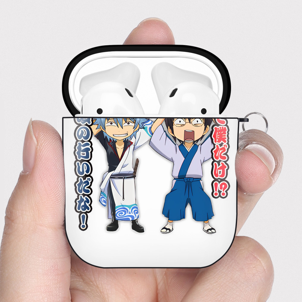 （画像用） ぎんたま 坂田銀時（さかたぎんとき） 神楽 志村新八（しむら しんぱち） GINTAMA Sakata Gintoki Kagura Shimura Shinpachi AirPods 第2世代保護ケース ハードシェル ブラック 耐衝撃・防指紋・カラビナ付き