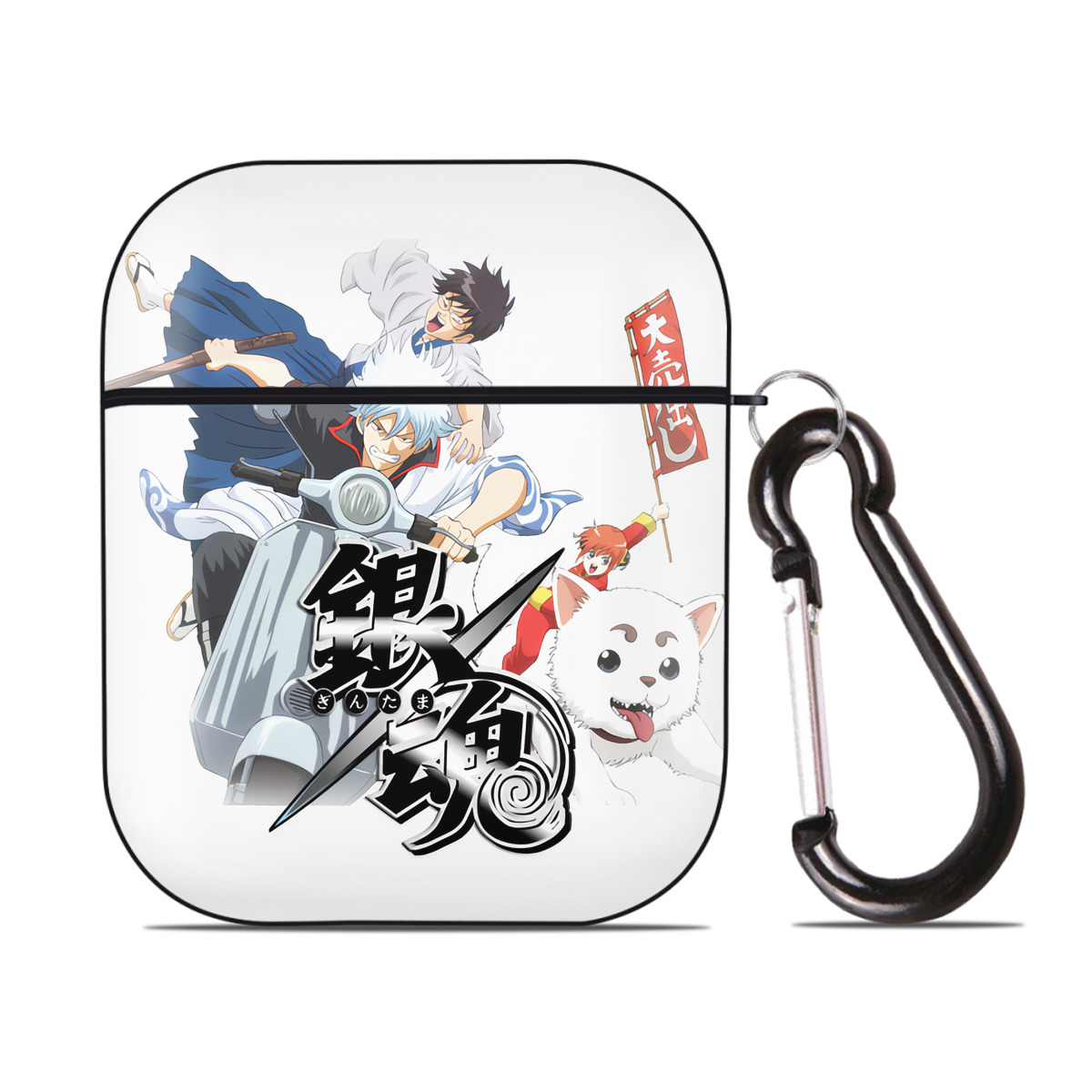 （画像用） ぎんたま 坂田銀時（さかたぎんとき） 神楽 志村新八（しむら しんぱち） GINTAMA Sakata Gintoki Kagura Shimura Shinpachi AirPods 第2世代保護ケース ハードシェル ブラック 耐衝撃・防指紋・カラビナ付き