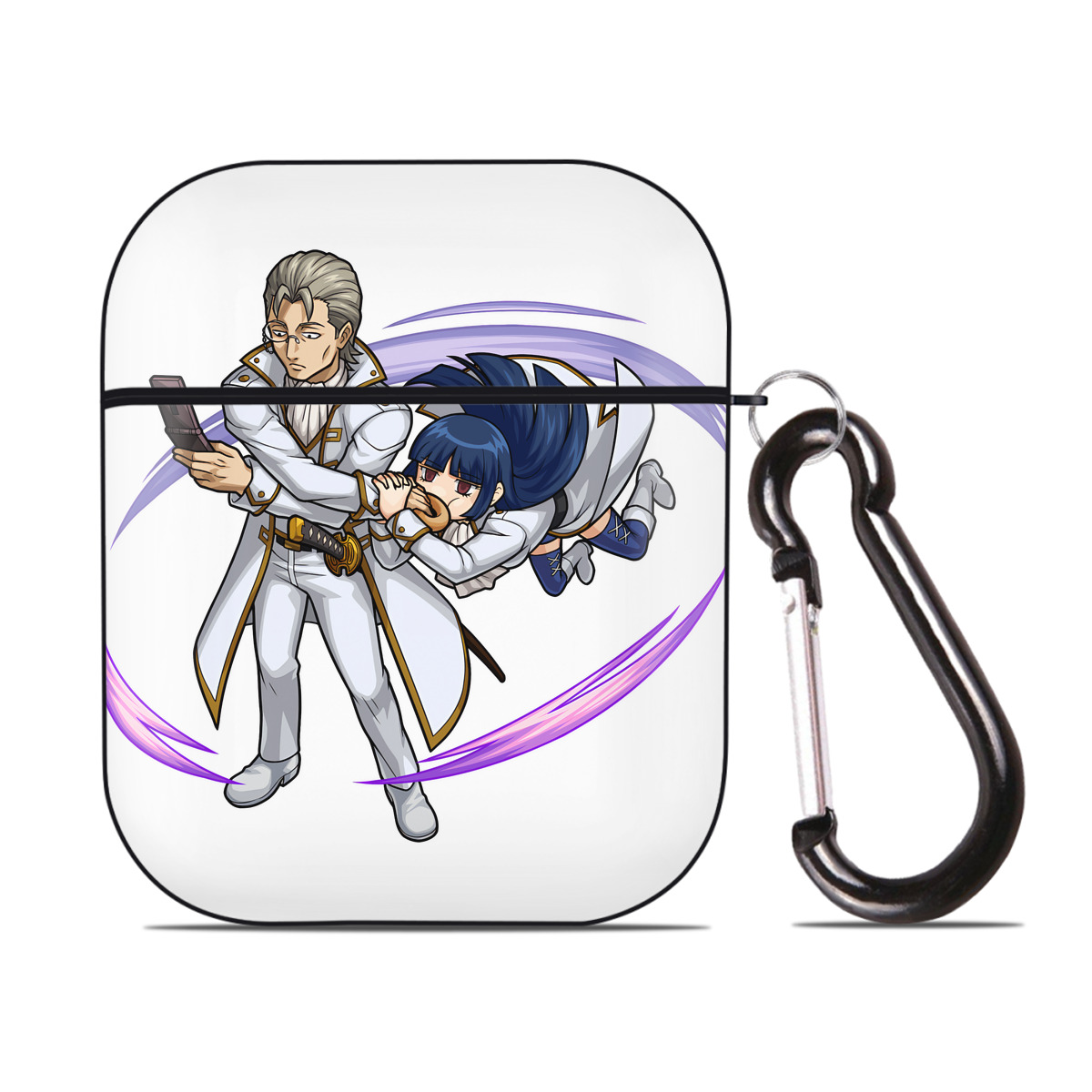 （画像用） ぎんたま 坂田銀時（さかたぎんとき） 神楽 志村新八（しむら しんぱち） GINTAMA Sakata Gintoki Kagura Shimura Shinpachi AirPods 第2世代保護ケース ハードシェル ブラック 耐衝撃・防指紋・カラビナ付き