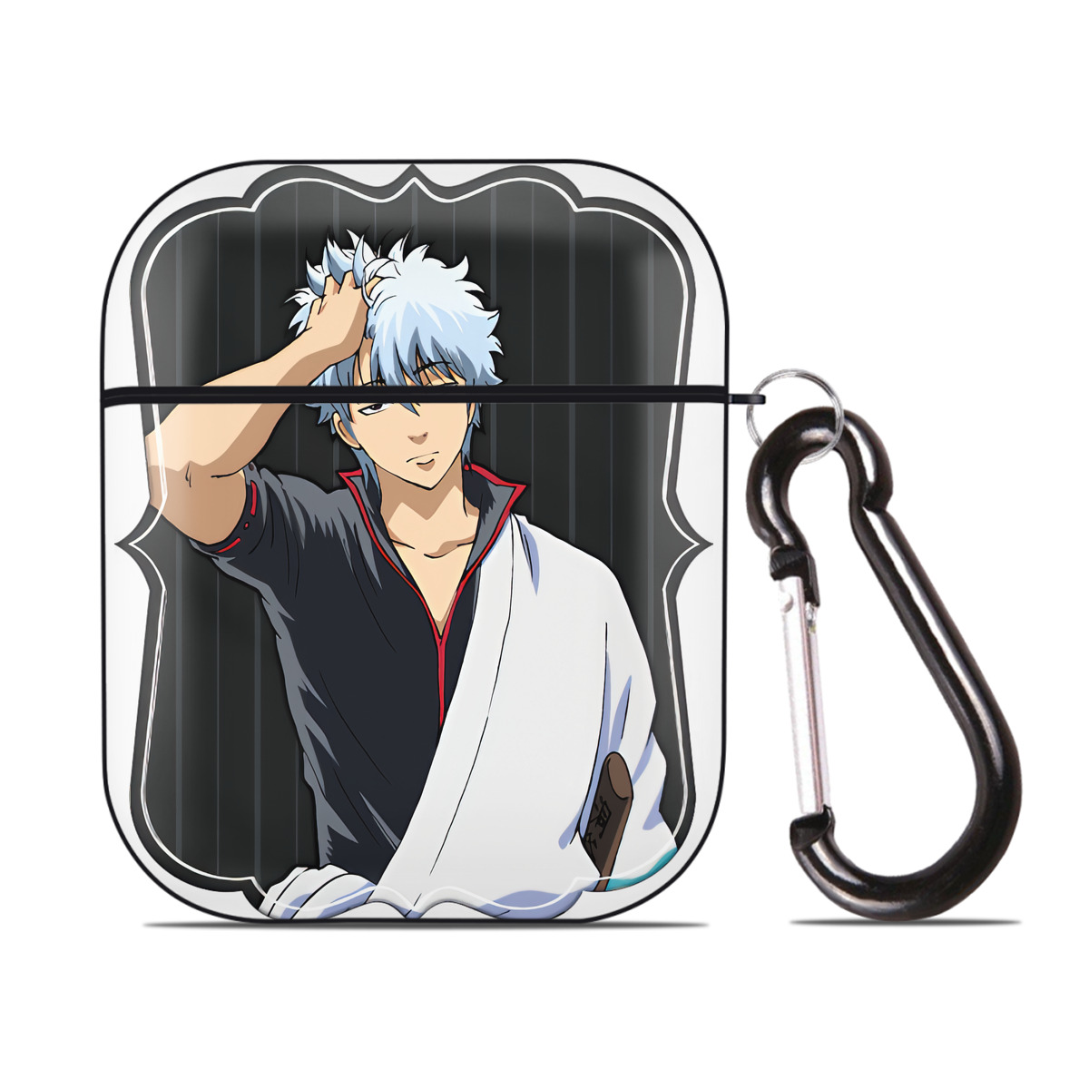 （画像用） ぎんたま 坂田銀時（さかたぎんとき） 神楽 志村新八（しむら しんぱち） GINTAMA Sakata Gintoki Kagura Shimura Shinpachi AirPods 第2世代保護ケース ハードシェル ブラック 耐衝撃・防指紋・カラビナ付き