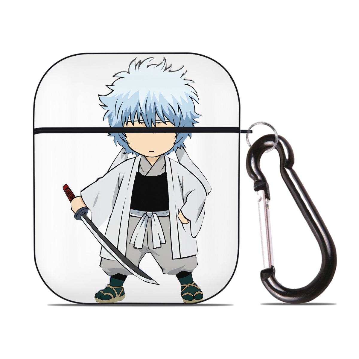 （画像用） ぎんたま 坂田銀時（さかたぎんとき） 神楽 志村新八（しむら しんぱち） GINTAMA Sakata Gintoki Kagura Shimura Shinpachi AirPods 第2世代保護ケース ハードシェル ブラック 耐衝撃・防指紋・カラビナ付き
