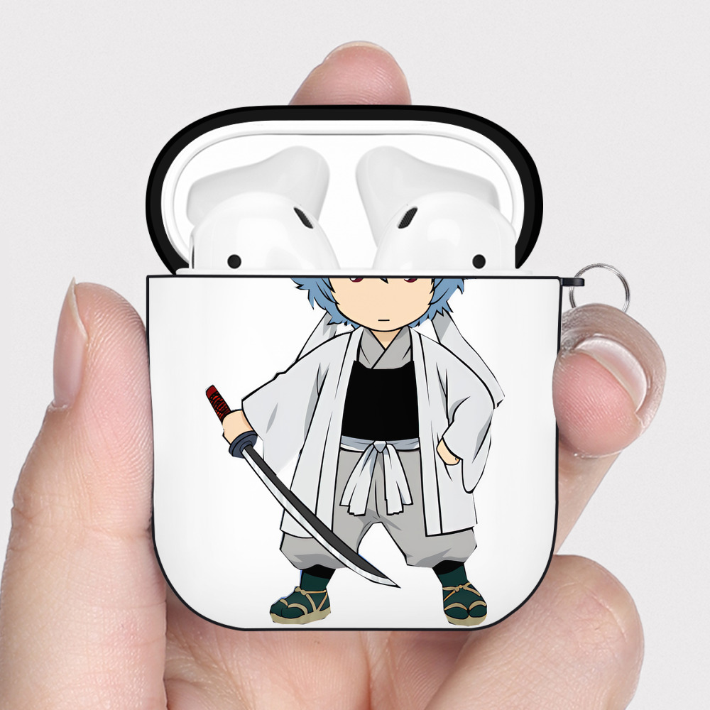 （画像用） ぎんたま 坂田銀時（さかたぎんとき） 神楽 志村新八（しむら しんぱち） GINTAMA Sakata Gintoki Kagura Shimura Shinpachi AirPods 第2世代保護ケース ハードシェル ブラック 耐衝撃・防指紋・カラビナ付き