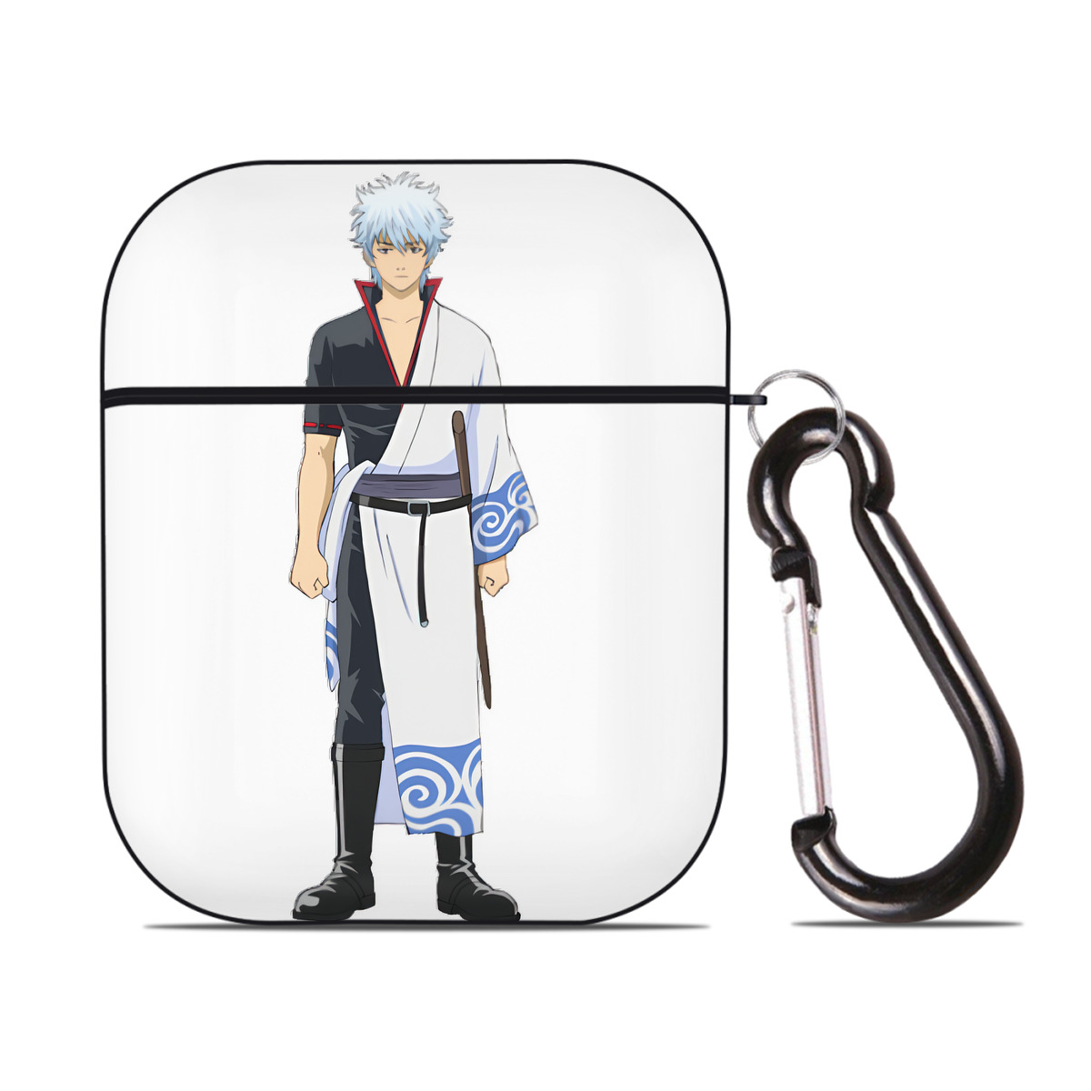 （画像用） ぎんたま 坂田銀時（さかたぎんとき） 神楽 志村新八（しむら しんぱち） GINTAMA Sakata Gintoki Kagura Shimura Shinpachi AirPods 第2世代保護ケース ハードシェル ブラック 耐衝撃・防指紋・カラビナ付き