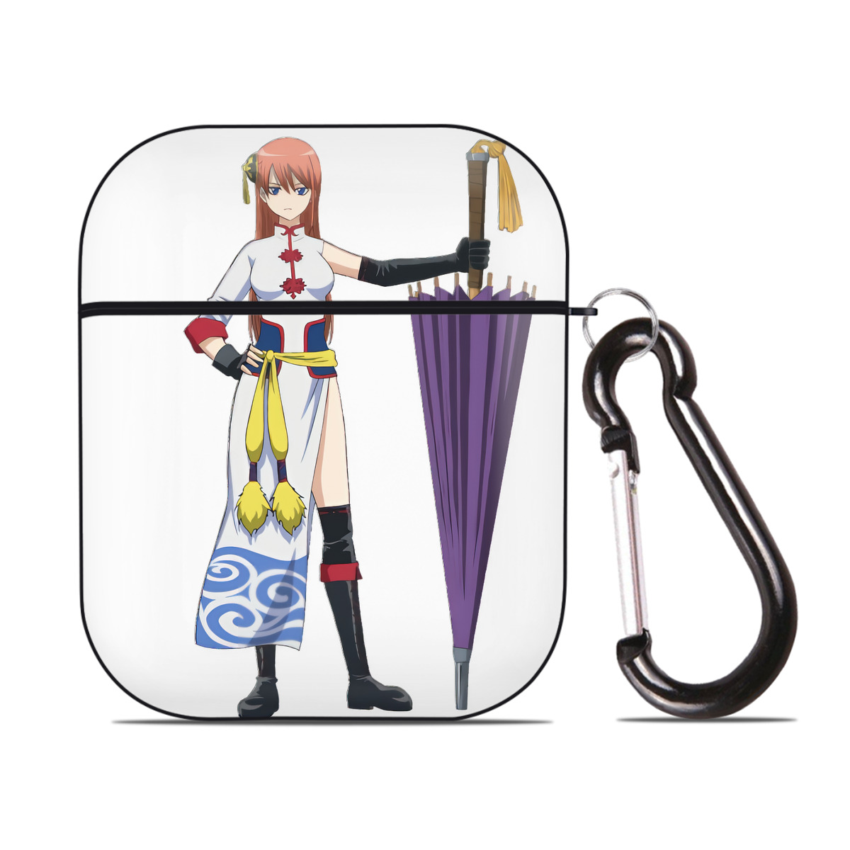 （画像用） ぎんたま 坂田銀時（さかたぎんとき） 神楽 志村新八（しむら しんぱち） GINTAMA Sakata Gintoki Kagura Shimura Shinpachi AirPods 第2世代保護ケース ハードシェル ブラック 耐衝撃・防指紋・カラビナ付き