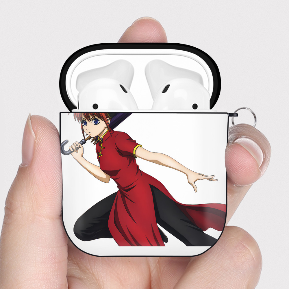 （画像用） ぎんたま 坂田銀時（さかたぎんとき） 神楽 志村新八（しむら しんぱち） GINTAMA Sakata Gintoki Kagura Shimura Shinpachi AirPods 第2世代保護ケース ハードシェル ブラック 耐衝撃・防指紋・カラビナ付き