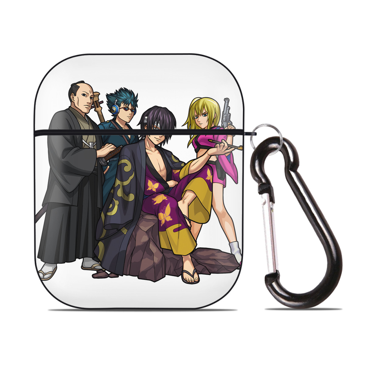 （画像用） ぎんたま 坂田銀時（さかたぎんとき） 神楽 志村新八（しむら しんぱち） GINTAMA Sakata Gintoki Kagura Shimura Shinpachi AirPods 第2世代保護ケース ハードシェル ブラック 耐衝撃・防指紋・カラビナ付き