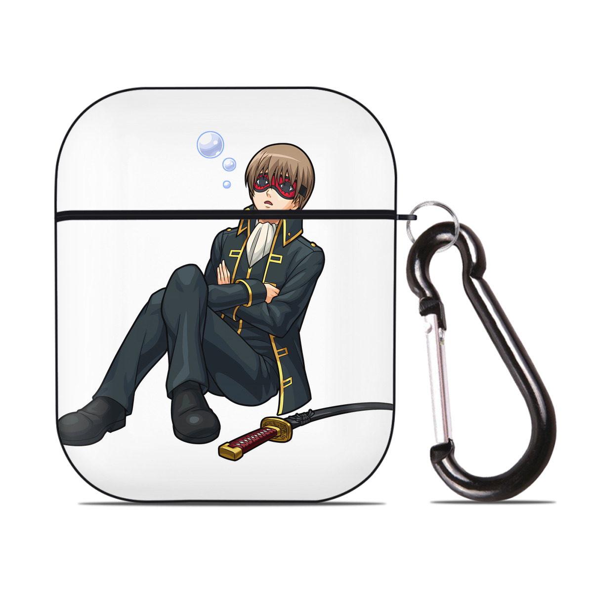 （画像用） ぎんたま 坂田銀時（さかたぎんとき） 神楽 志村新八（しむら しんぱち） GINTAMA Sakata Gintoki Kagura Shimura Shinpachi AirPods 第2世代保護ケース ハードシェル ブラック 耐衝撃・防指紋・カラビナ付き