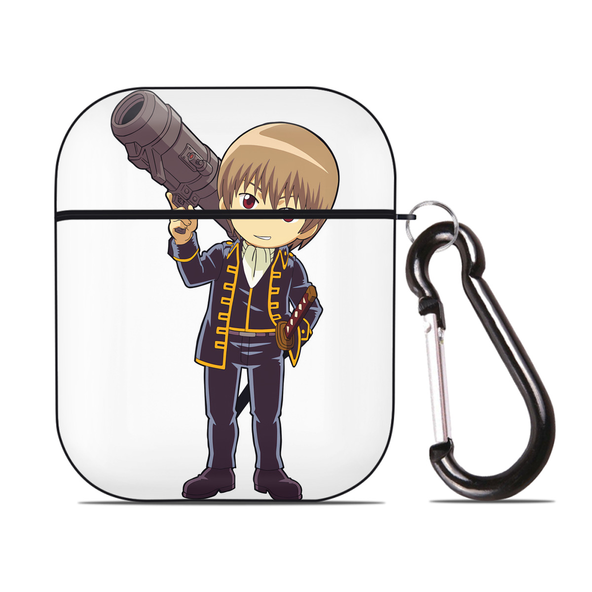 （画像用） ぎんたま 坂田銀時（さかたぎんとき） 神楽 志村新八（しむら しんぱち） GINTAMA Sakata Gintoki Kagura Shimura Shinpachi AirPods 第2世代保護ケース ハードシェル ブラック 耐衝撃・防指紋・カラビナ付き