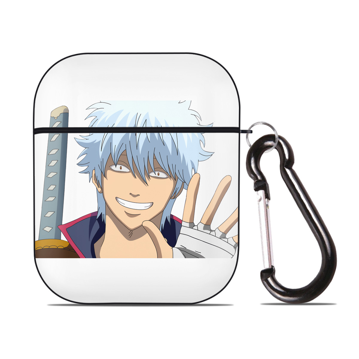 （画像用） ぎんたま 坂田銀時（さかたぎんとき） 神楽 志村新八（しむら しんぱち） GINTAMA Sakata Gintoki Kagura Shimura Shinpachi AirPods 第2世代保護ケース ハードシェル ブラック 耐衝撃・防指紋・カラビナ付き