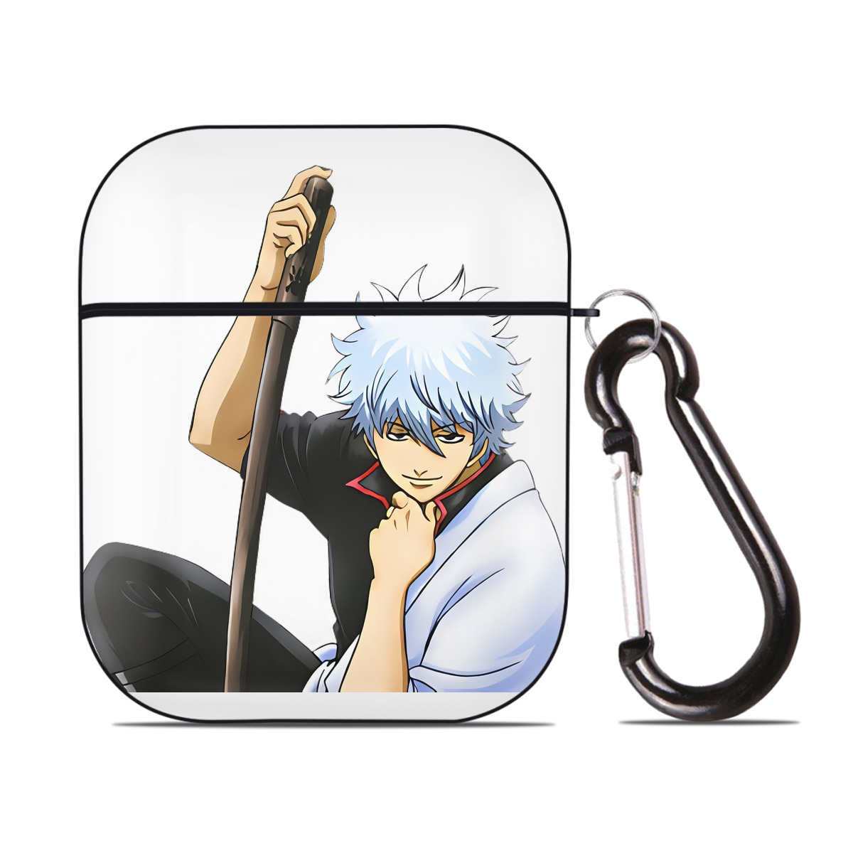 （画像用） ぎんたま 坂田銀時（さかたぎんとき） 神楽 志村新八（しむら しんぱち） GINTAMA Sakata Gintoki Kagura Shimura Shinpachi AirPods 第2世代保護ケース ハードシェル ブラック 耐衝撃・防指紋・カラビナ付き