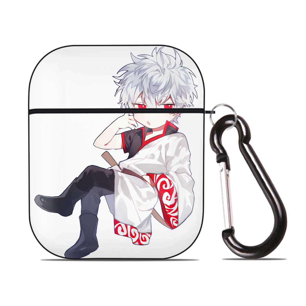 （画像用） ぎんたま 坂田銀時（さかたぎんとき） 神楽 志村新八（しむら しんぱち） GINTAMA Sakata Gintoki Kagura Shimura Shinpachi AirPods 第2世代保護ケース ハードシェル ブラック 耐衝撃・防指紋・カラビナ付き
