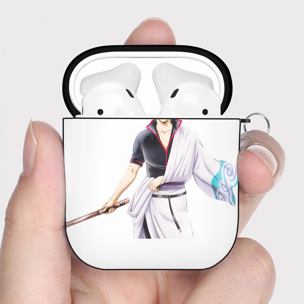 （画像用） ぎんたま 坂田銀時（さかたぎんとき） 神楽 志村新八（しむら しんぱち） GINTAMA Sakata Gintoki Kagura Shimura Shinpachi AirPods 第2世代保護ケース ハードシェル ブラック 耐衝撃・防指紋・カラビナ付き