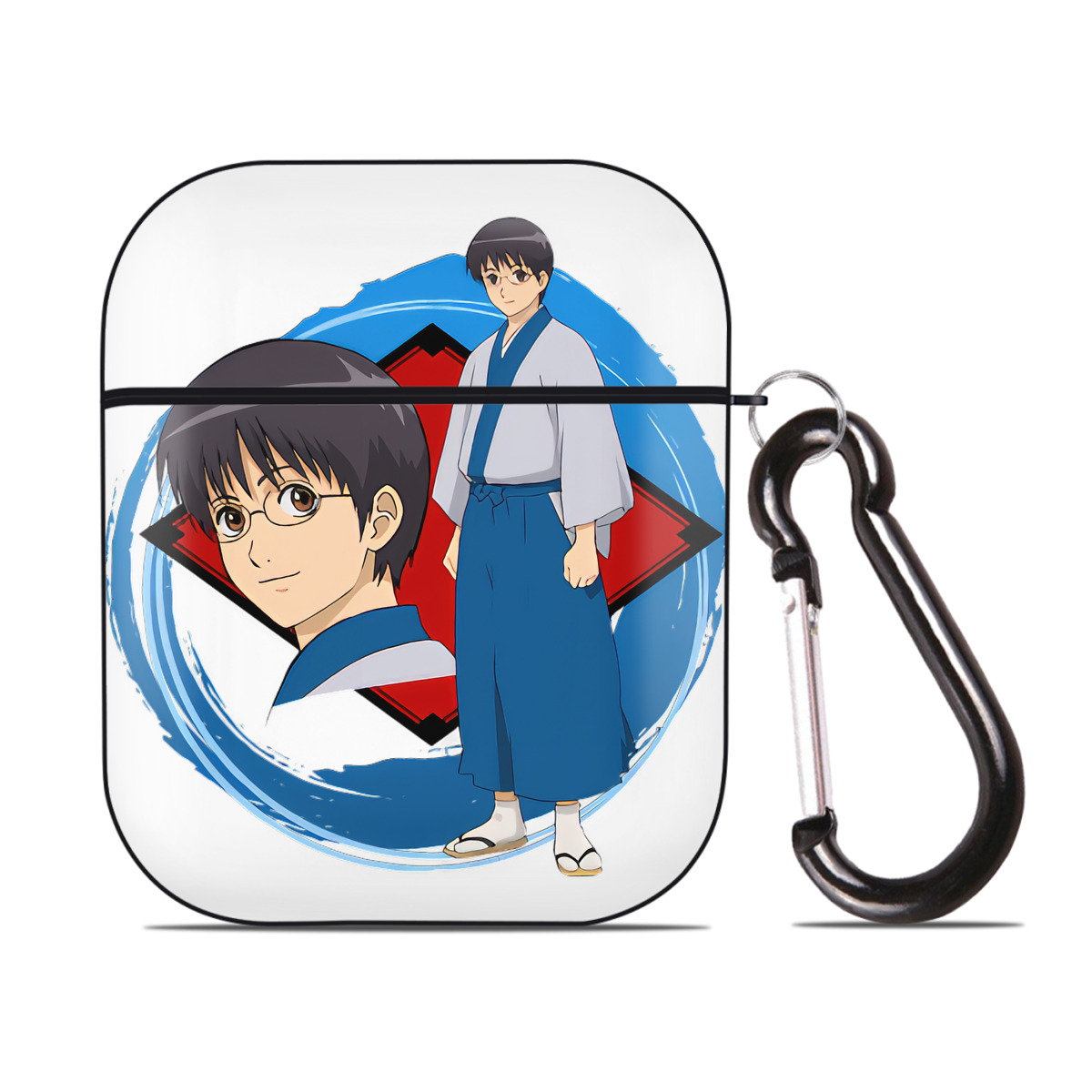 （画像用） ぎんたま 坂田銀時（さかたぎんとき） 神楽 志村新八（しむら しんぱち） GINTAMA Sakata Gintoki Kagura Shimura Shinpachi AirPods 第2世代保護ケース ハードシェル ブラック 耐衝撃・防指紋・カラビナ付き