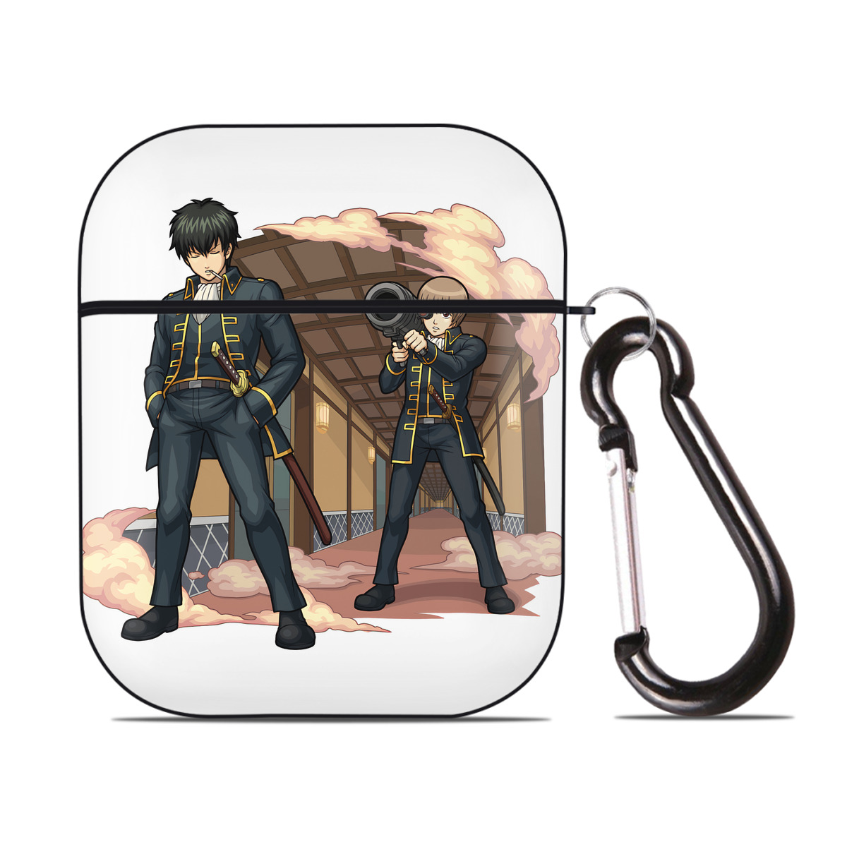 （画像用） ぎんたま 坂田銀時（さかたぎんとき） 神楽 志村新八（しむら しんぱち） GINTAMA Sakata Gintoki Kagura Shimura Shinpachi AirPods 第2世代保護ケース ハードシェル ブラック 耐衝撃・防指紋・カラビナ付き