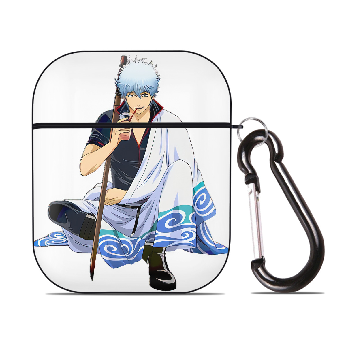（画像用） ぎんたま 坂田銀時（さかたぎんとき） 神楽 志村新八（しむら しんぱち） GINTAMA Sakata Gintoki Kagura Shimura Shinpachi AirPods 第2世代保護ケース ハードシェル ブラック 耐衝撃・防指紋・カラビナ付き