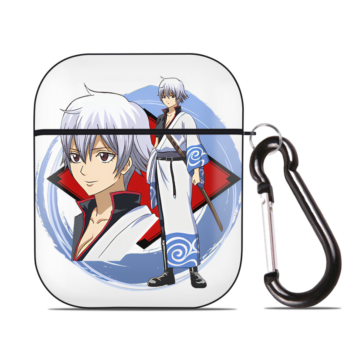 （画像用） ぎんたま 坂田銀時（さかたぎんとき） 神楽 志村新八（しむら しんぱち） GINTAMA Sakata Gintoki Kagura Shimura Shinpachi AirPods 第2世代保護ケース ハードシェル ブラック 耐衝撃・防指紋・カラビナ付き