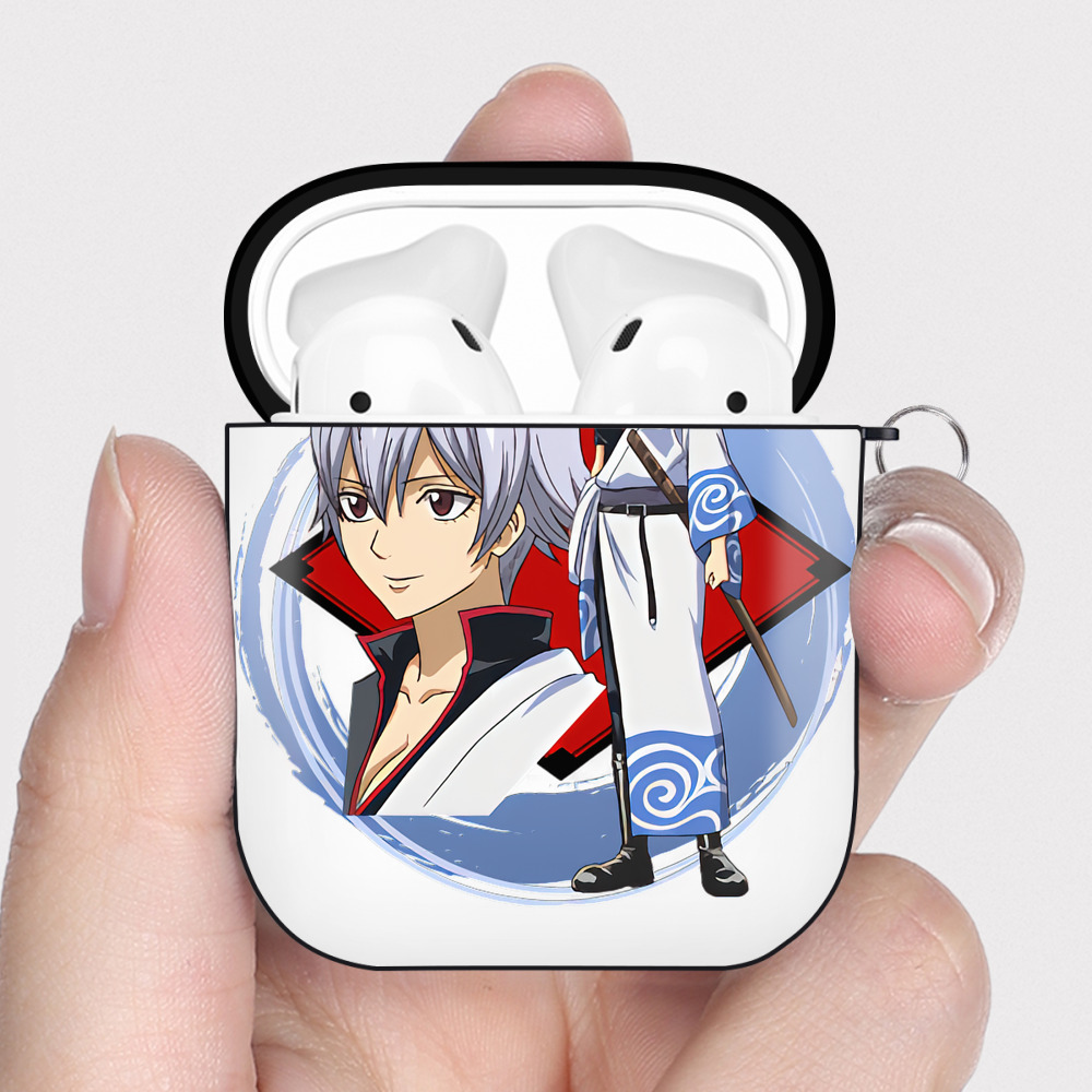 （画像用） ぎんたま 坂田銀時（さかたぎんとき） 神楽 志村新八（しむら しんぱち） GINTAMA Sakata Gintoki Kagura Shimura Shinpachi AirPods 第2世代保護ケース ハードシェル ブラック 耐衝撃・防指紋・カラビナ付き