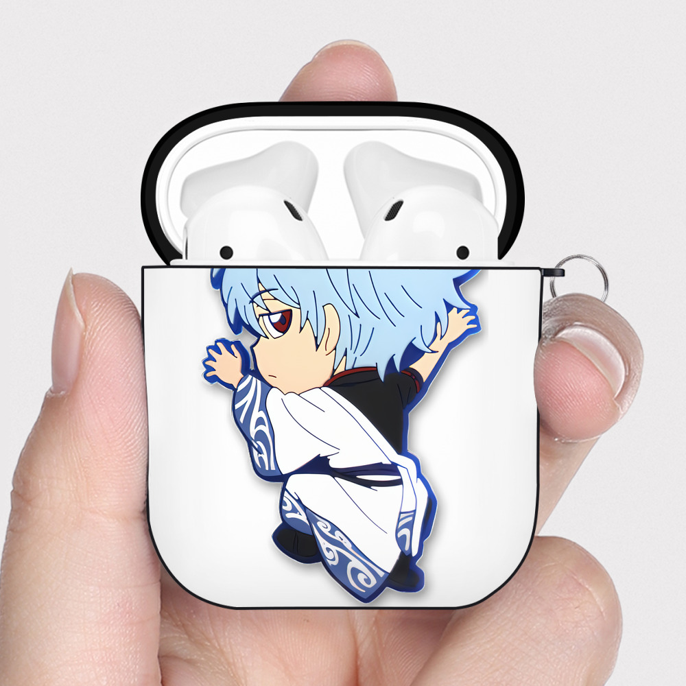 （画像用） ぎんたま 坂田銀時（さかたぎんとき） 神楽 志村新八（しむら しんぱち） GINTAMA Sakata Gintoki Kagura Shimura Shinpachi AirPods 第2世代保護ケース ハードシェル ブラック 耐衝撃・防指紋・カラビナ付き